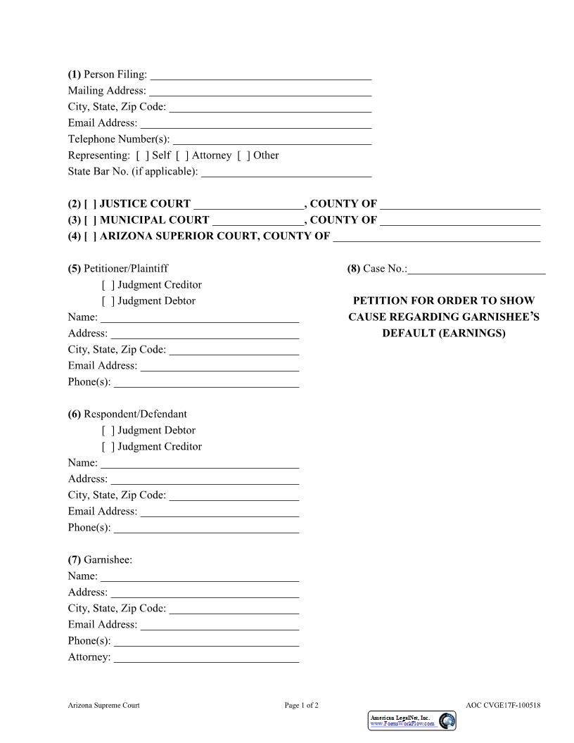 Petition For Order To Show Cause Re Garnishees Default (Earnings) {AOC CVGE17F} | Pdf Fpdf Docx | Arizona