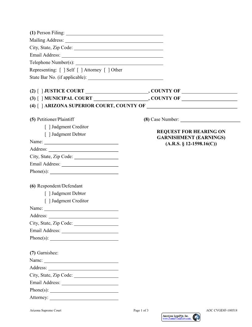Request For Hearing On Garnishment (Earnings) {AOC CVGE8F} | Pdf Fpdf Docx | Arizona