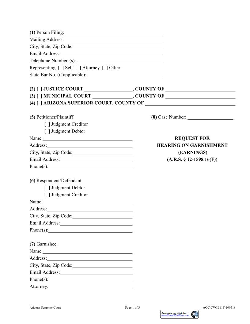 Request For Hearing On Garnishment (Earnings) (ARS 12-1598.16(F)) {AOC CVGE11F} | Pdf Fpdf Docx | Arizona
