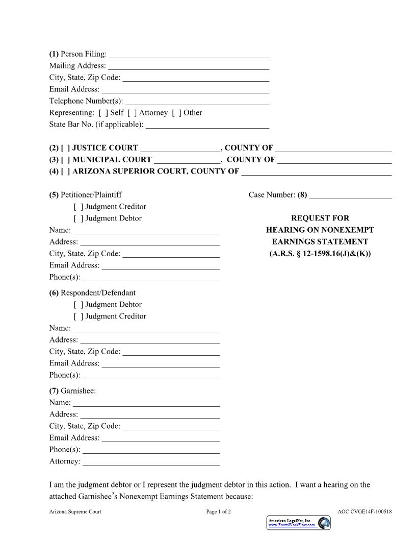 Request For Hearing On Nonexempt Earnings Statement {AOC CVGE14F} | Pdf Fpdf Docx | Arizona