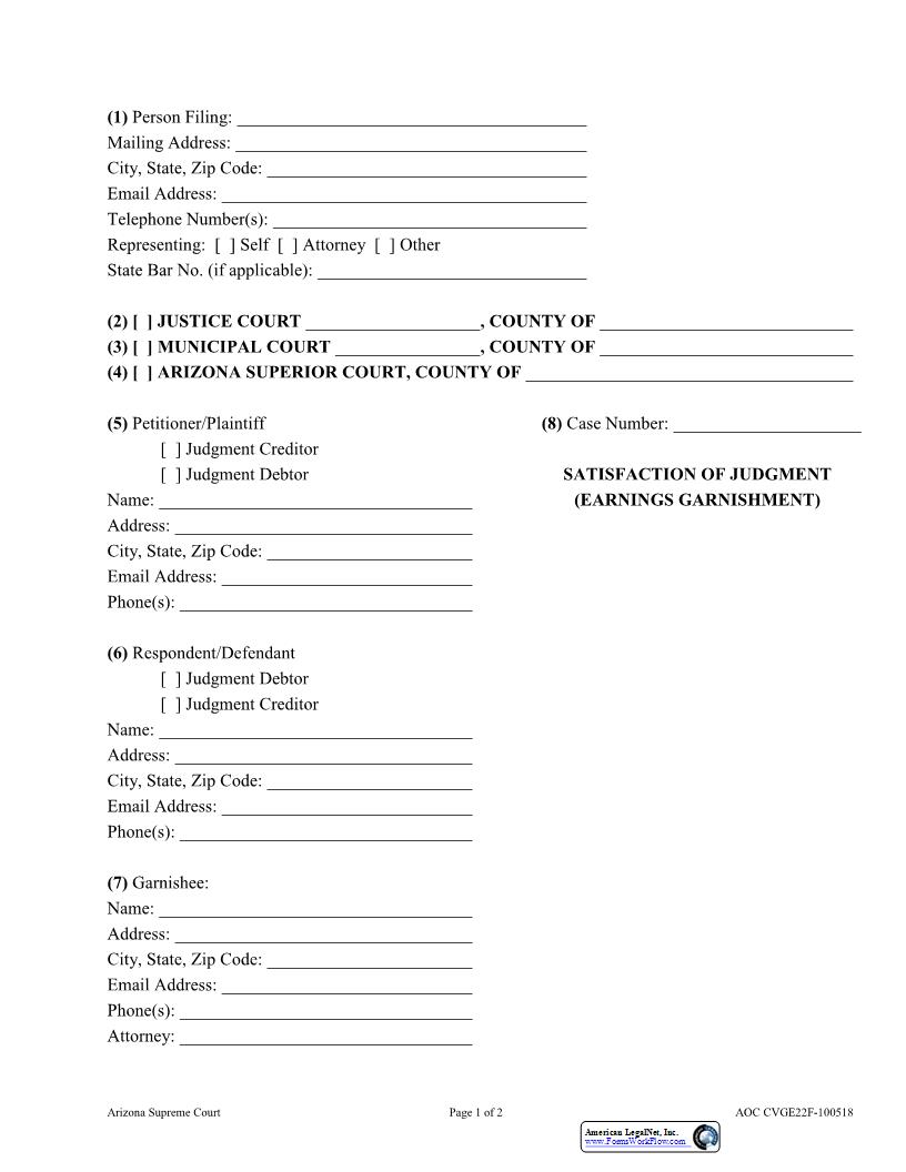 Satisfaction Of Judgment (Earnings Garnishment) {AOC CVGE22F} | Pdf Fpdf Docx | Arizona