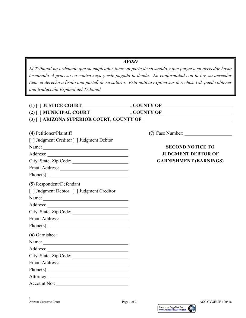 Second Notice To Judgment Debtor Of Garnishment (Earnings) {AOC CVGE10F} | Pdf Fpdf Docx | Arizona