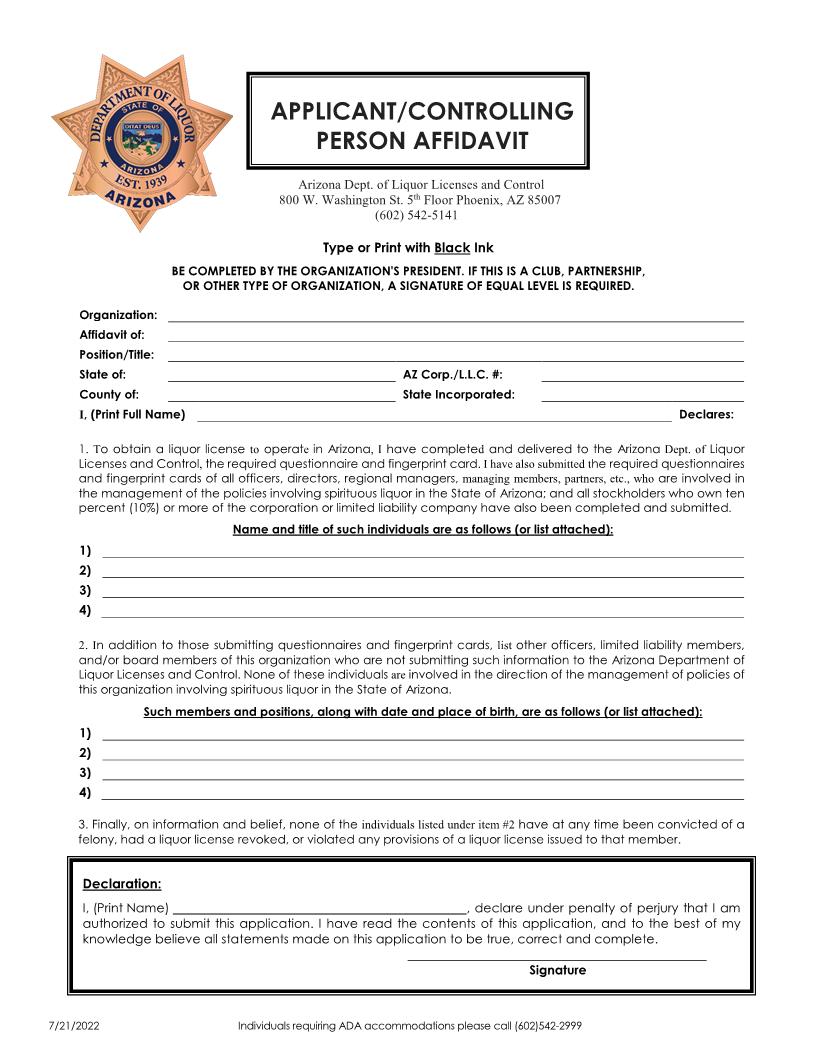 Applicant Controlling Person Affidavit | Pdf Fpdf Docx | Arizona