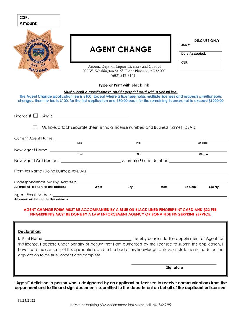 Application For Agent Change | Pdf Fpdf Doc Docx | Arizona