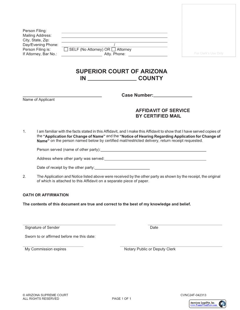 Affidavit Of Service By Certified Mail {CVNC24F} | Pdf Fpdf Docx | Arizona