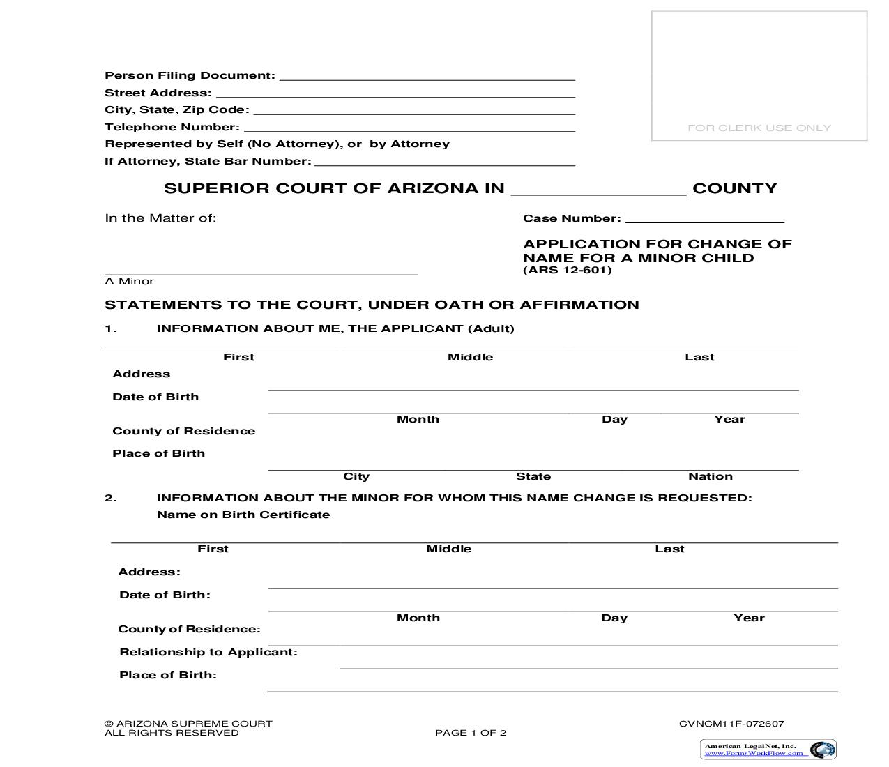 Application For Change Of Name For A Minor Child {CVNCM11F} | Pdf Fpdf Doc Docx | Arizona