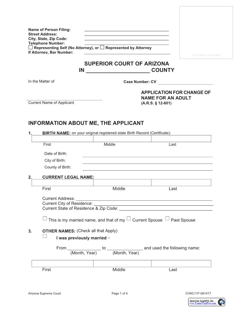 Application For Change Of Name For An Adult {CVNC11F} | Pdf Fpdf Docx | Arizona