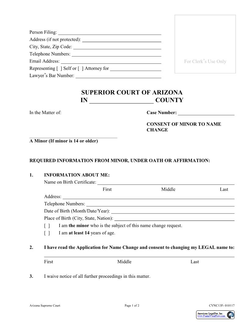 Consent Of Minor To Name Change {CVNC13F} | Pdf Fpdf Docx | Arizona