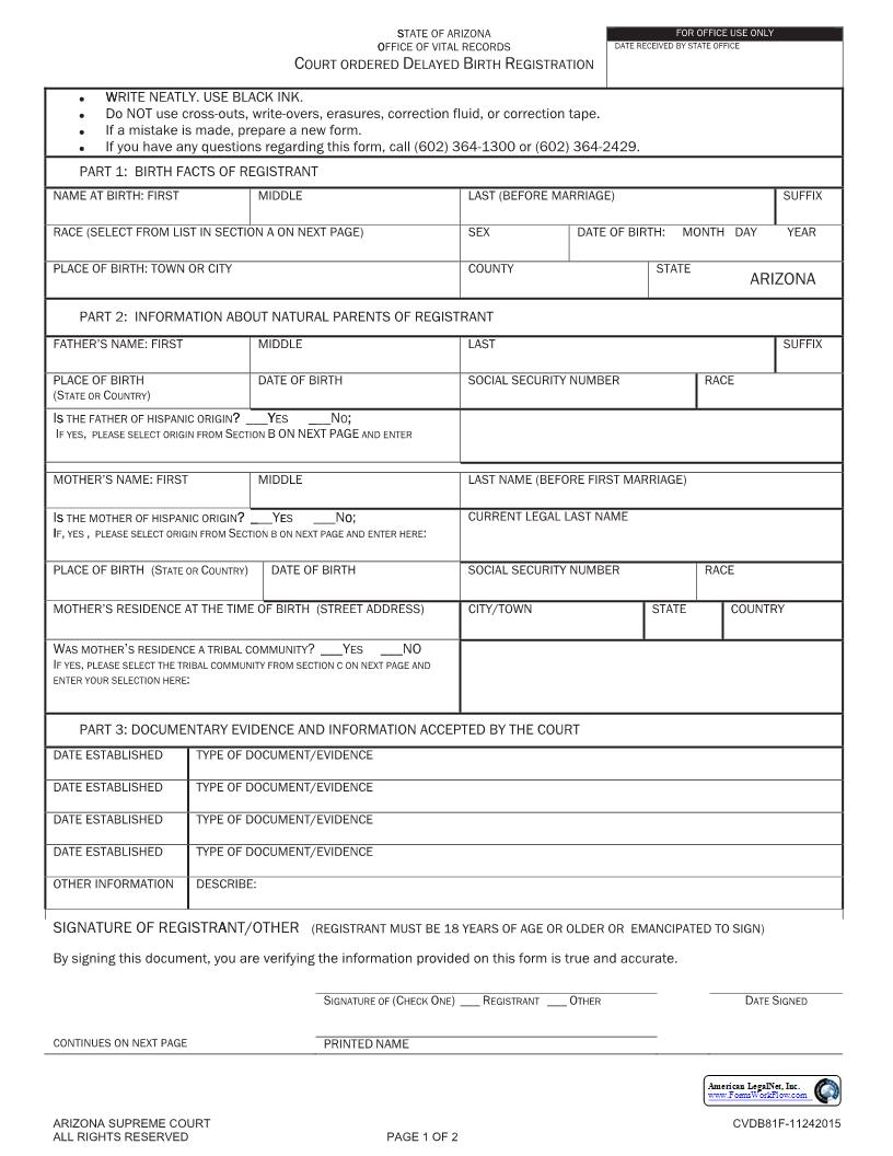 Court Ordered Delayed Birth Registration {CVDB81F} | Pdf Fpdf Docx | Arizona