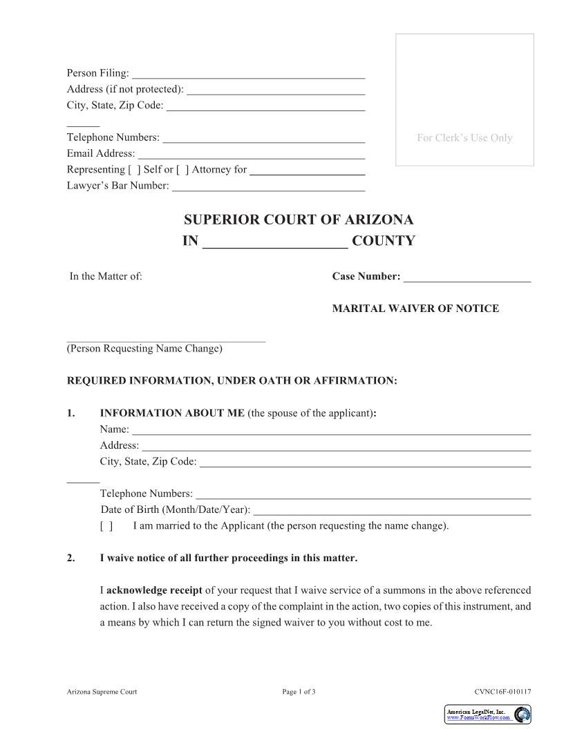 Marital Waiver Of Notice {CVNC16F} | Pdf Fpdf Docx | Arizona