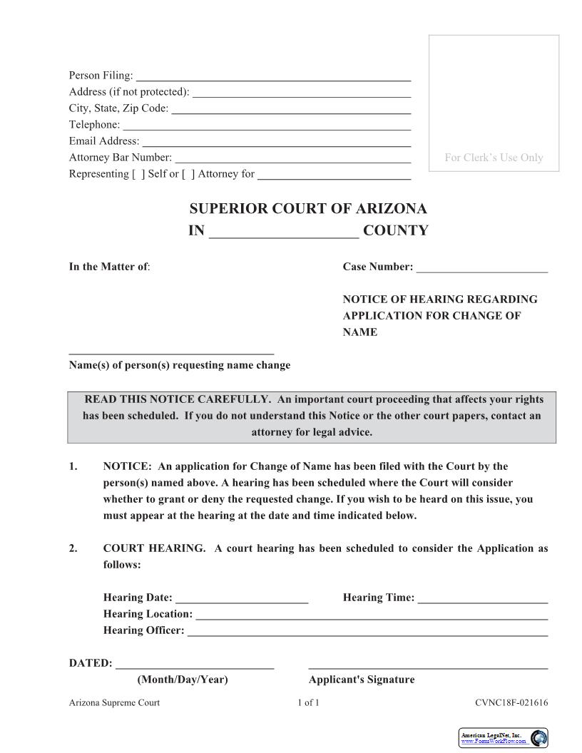 Notice Of Hearing Regarding Application For Change Of Name {CVNC18f} | Pdf Fpdf Docx | Arizona