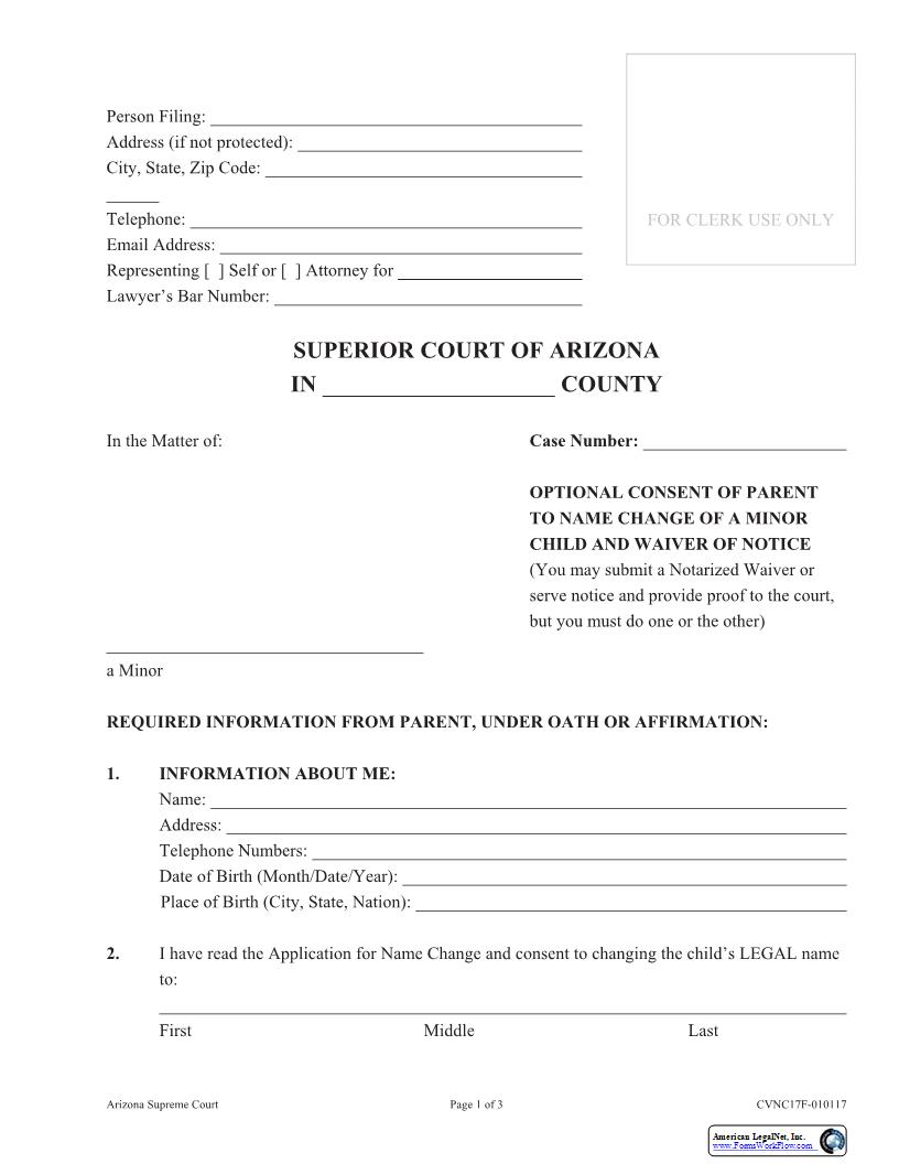 Optional Consent Of Parent To Name Change Of A Minor Child And Waiver Of Notice {CVNC17F} | Pdf Fpdf Docx | Arizona