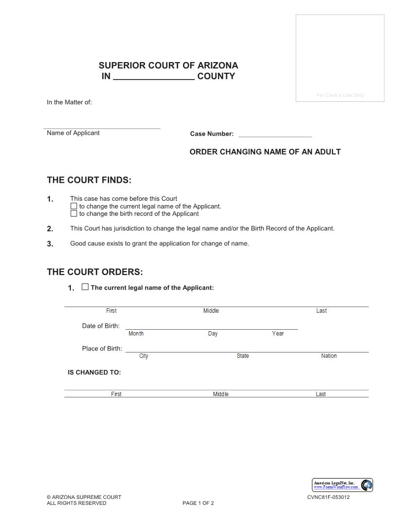 Order Changing Name For An Adult | Pdf Fpdf Docx | Arizona
