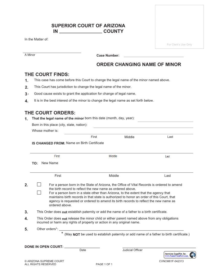 Order Changing Name Of Minor {CVNCM81F} | Pdf Fpdf Docx | Arizona
