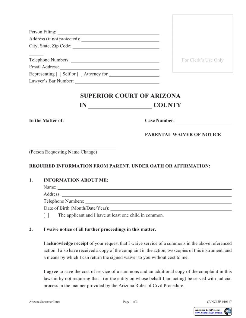 Parental Waiver Of Notice {CVNC15F} | Pdf Fpdf Docx | Arizona