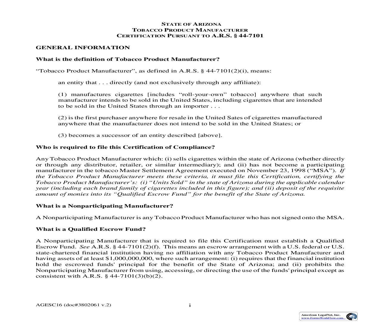 Annual Escrow Deposit Form Of Certification |  Docx | Arizona