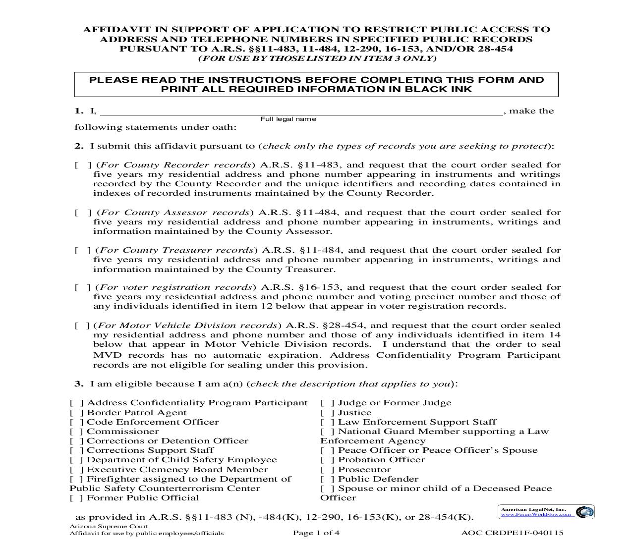 Affidavit To Restrict Public Access To Address And Telephone (Eligible Public Employees) {AOC CRDPE1F} |  Docx | Arizona