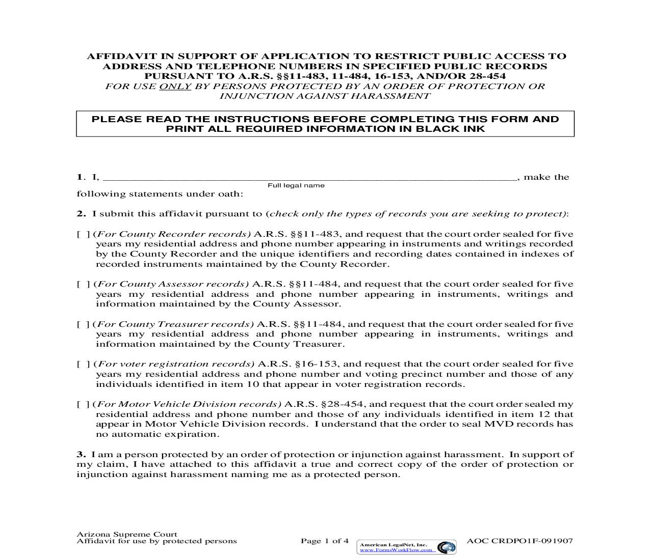 Affidavit To Restrict Public Access To Address And Telephone Numbers (Person Protected Or Injunction) {AOC CRDPO1F} |  Docx | Arizona