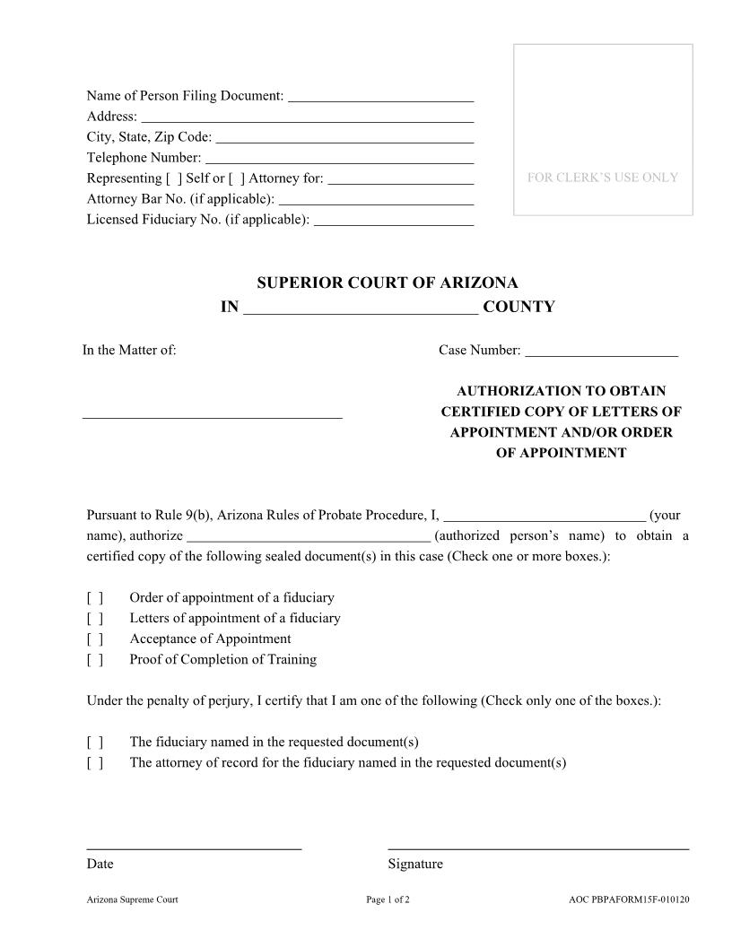 Authorization To Obtain Certified Copy Of Letters And Or Order | Pdf Fpdf Docx | Arizona