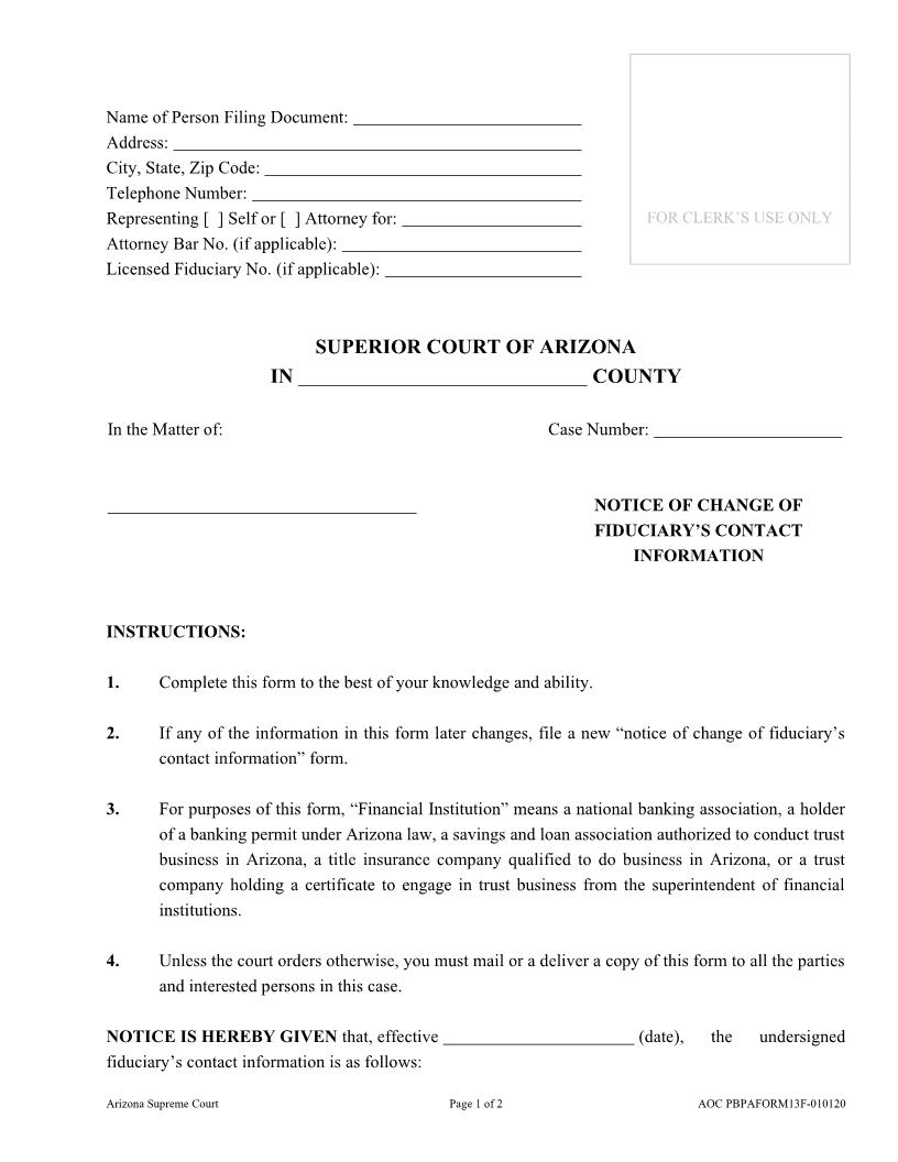 Notice Of Change Of Fiduciarys Contact Info | Pdf Fpdf Docx | Arizona