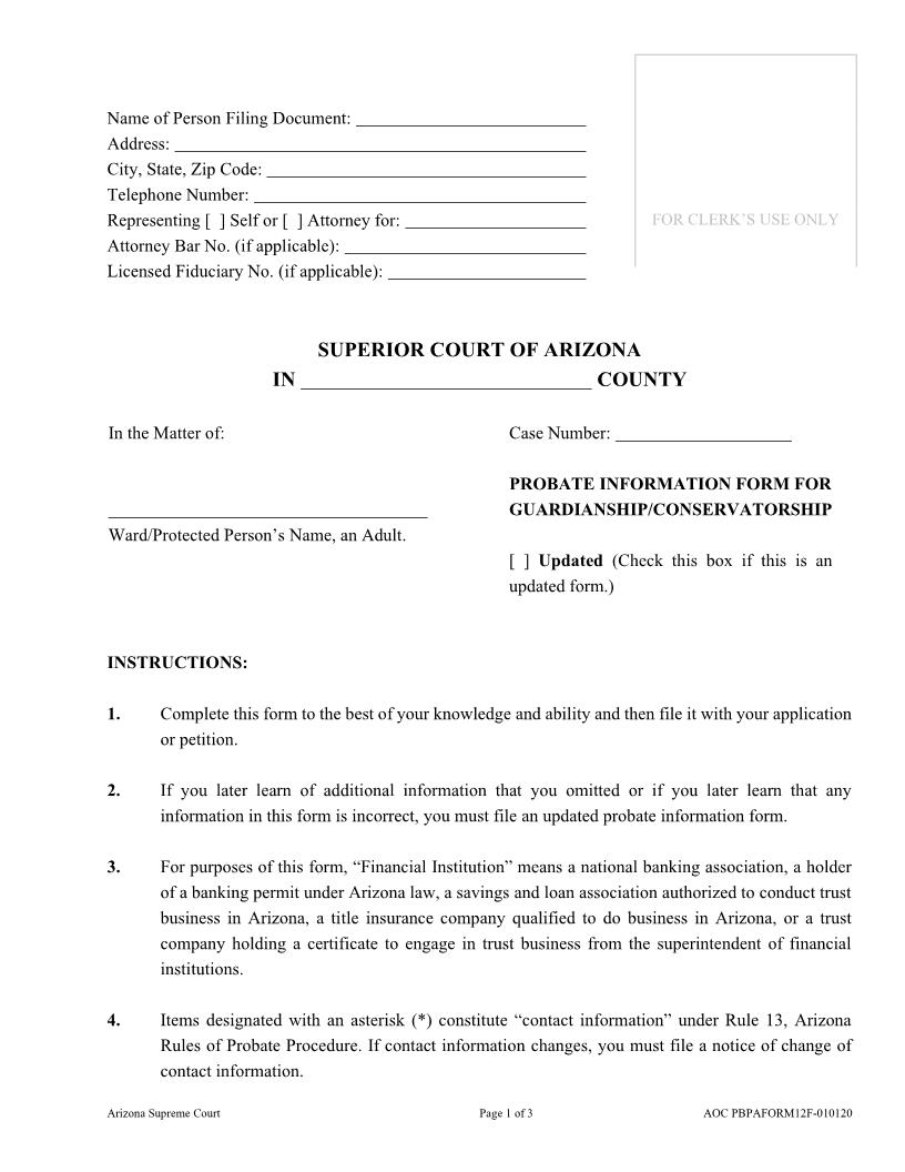Probate Information Form Guardianship Conservatorship | Pdf Fpdf Docx | Arizona