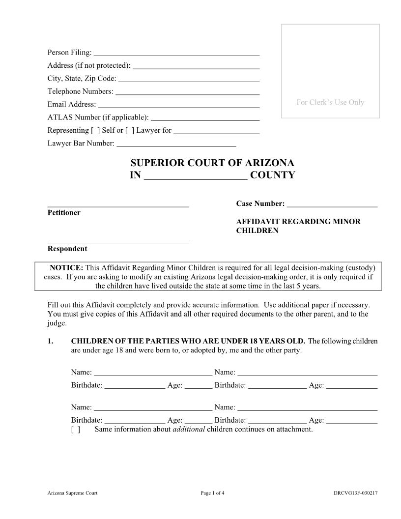Affidavit Regarding Minor Children | Pdf Fpdf Doc Docx | Arizona