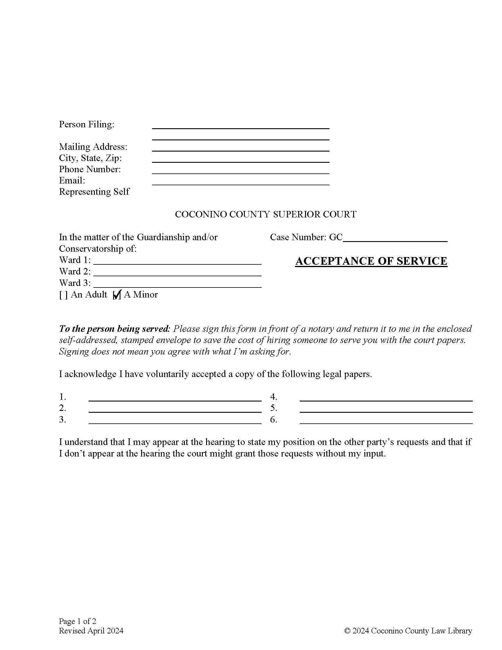 Acceptance Of Service (Guardianship) (For A Minor) | Pdf Fpdf Doc Docx | Arizona