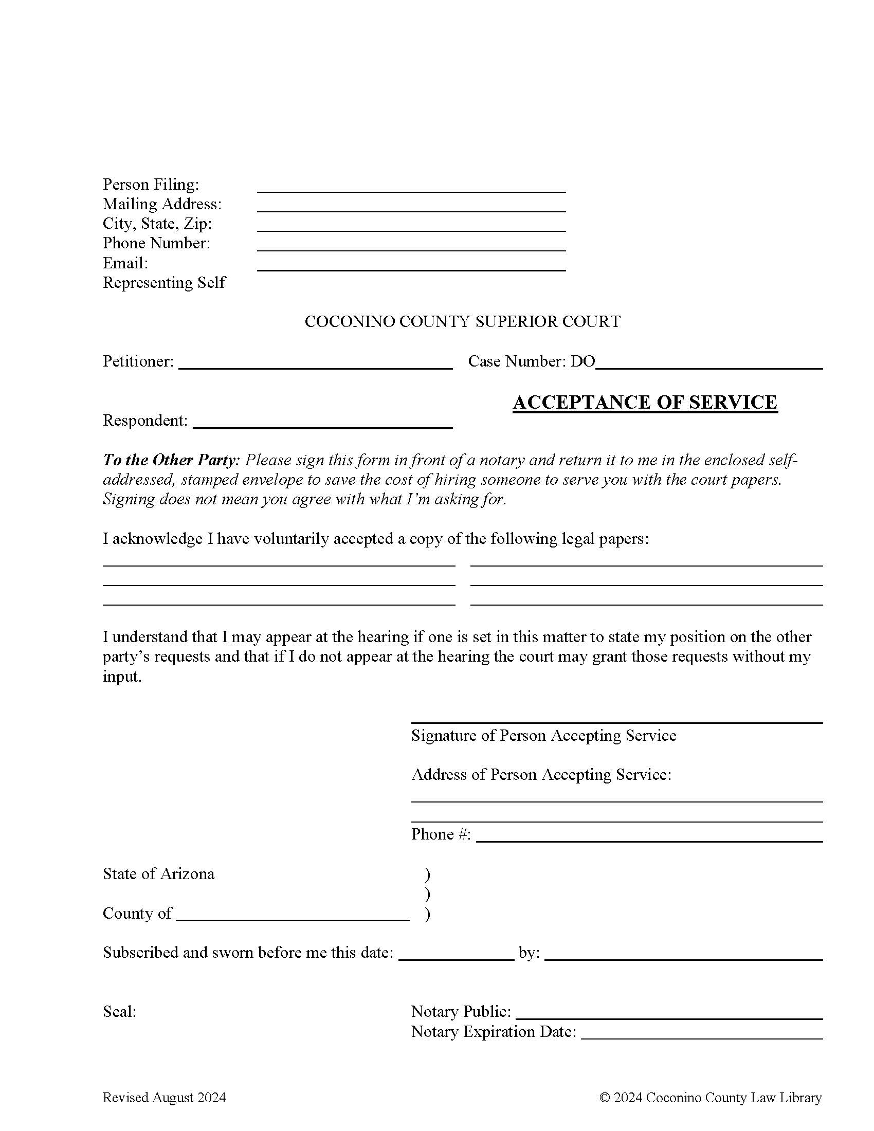 Acceptance Of Service | Pdf Fpdf Doc Docx | Arizona