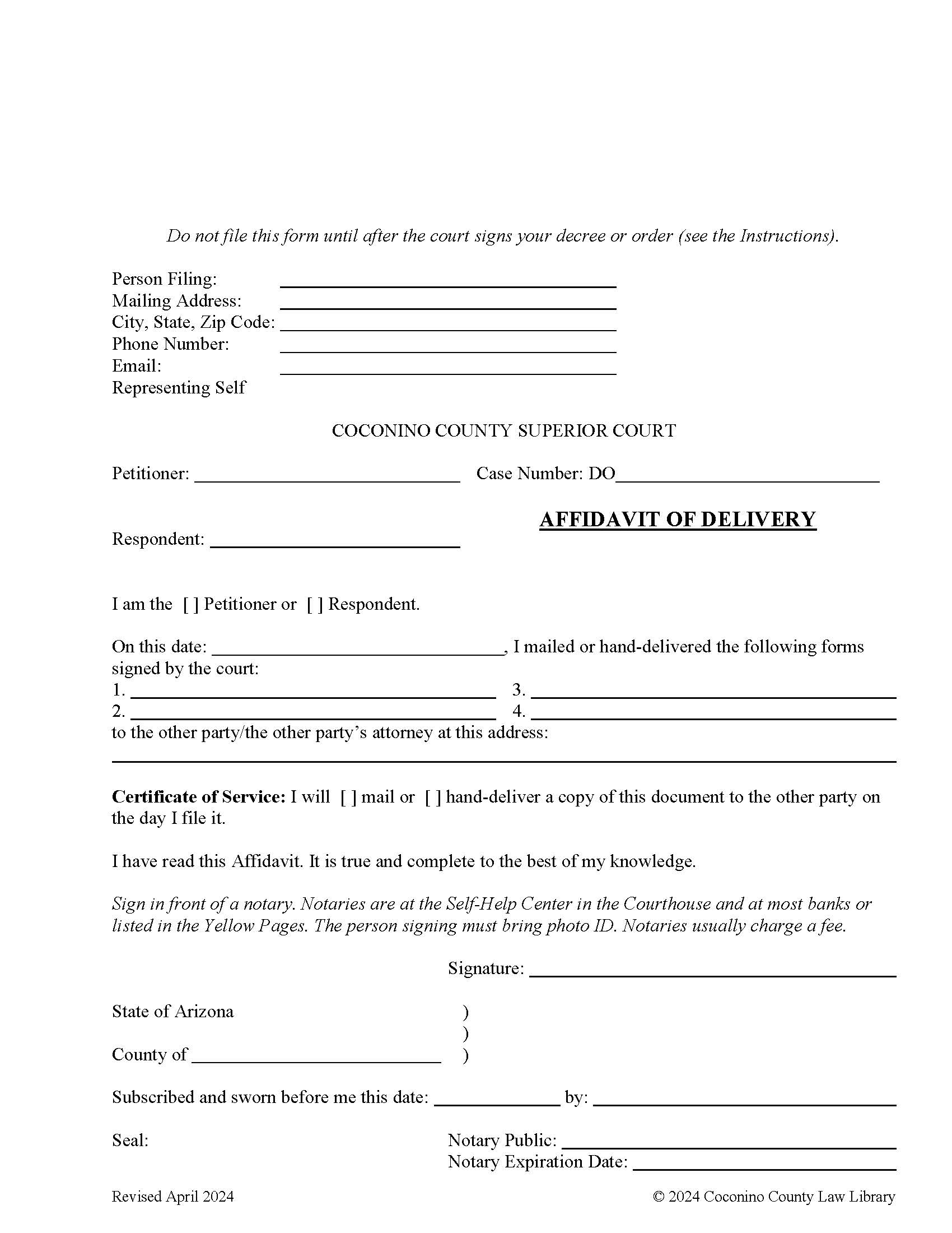 Affidavit Of Delivery | Pdf Fpdf Doc Docx | Arizona