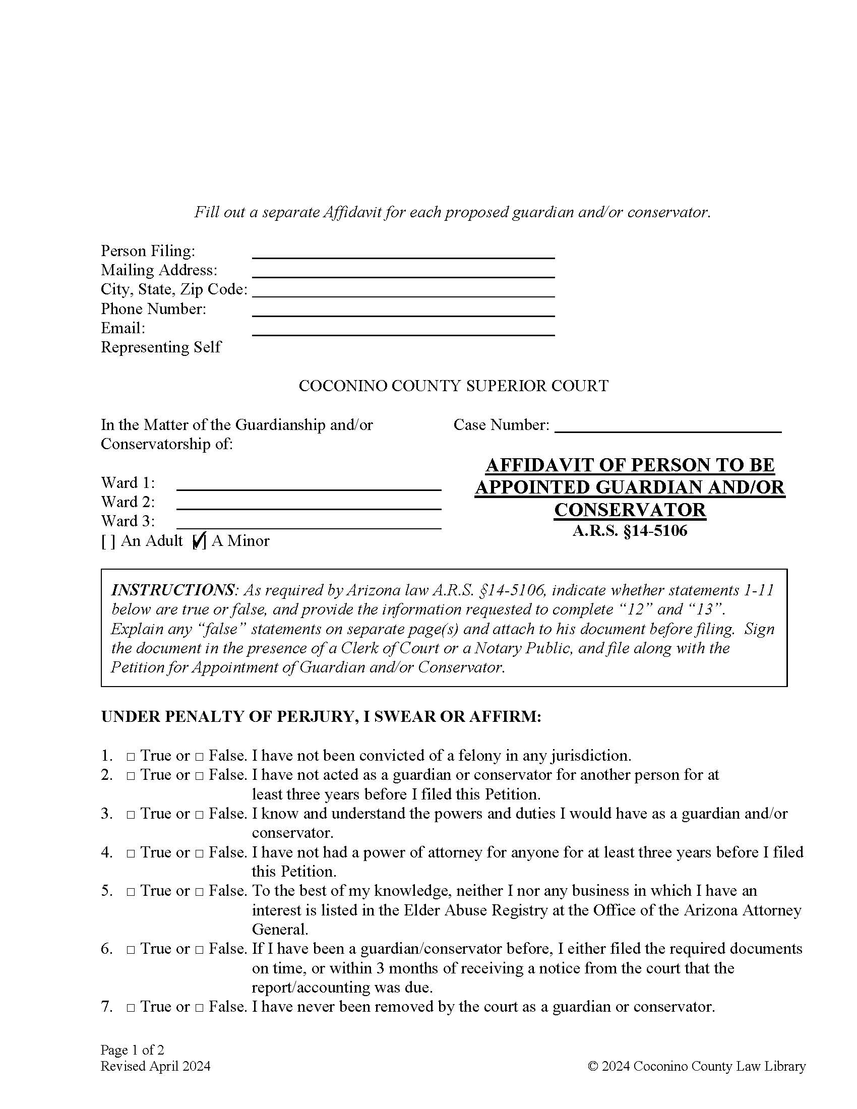 Affidavit Of Person To Be Appointed Guardian And Or Conservator | Pdf Fpdf Doc Docx | Arizona