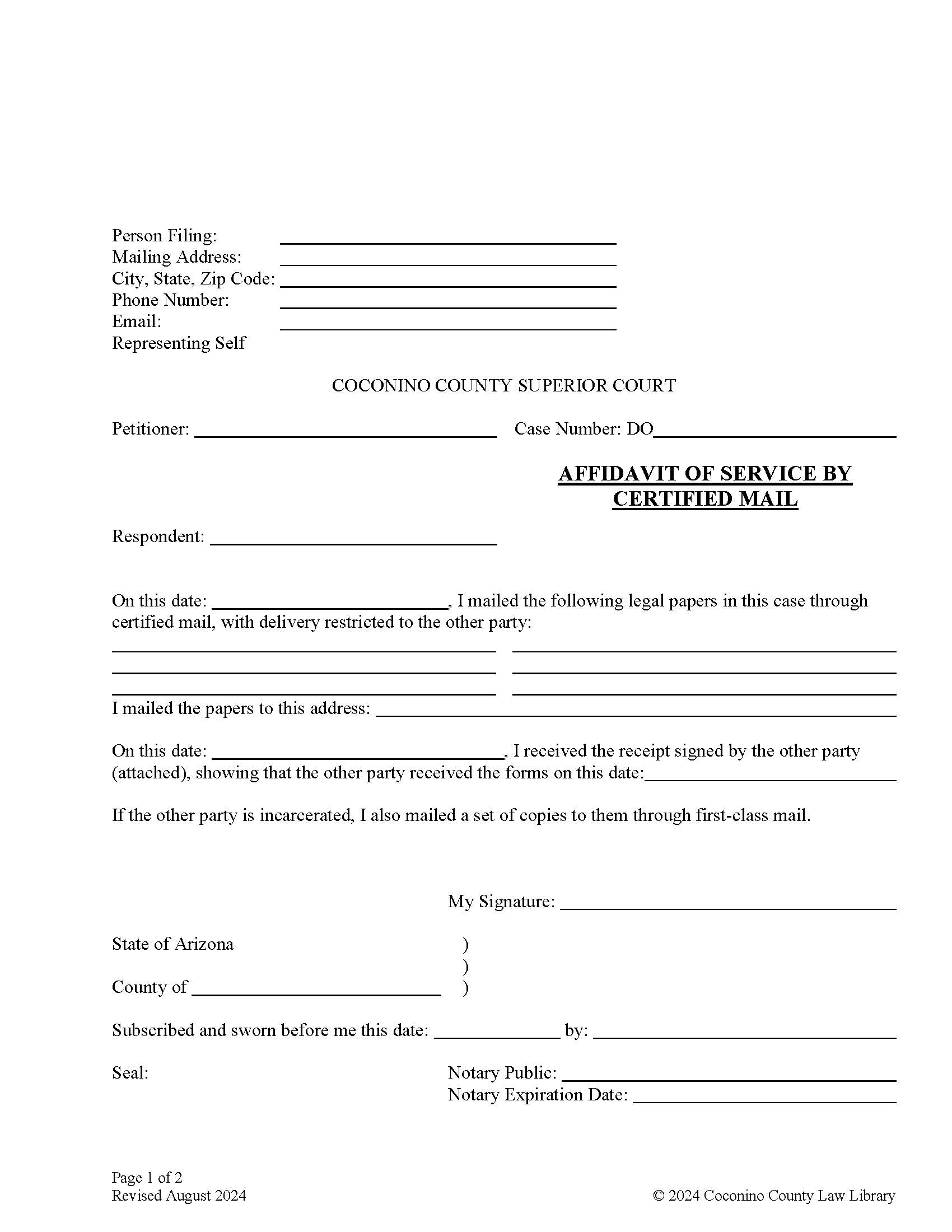 Affidavit Of Service By Certified Mail | Pdf Fpdf Docx | Arizona