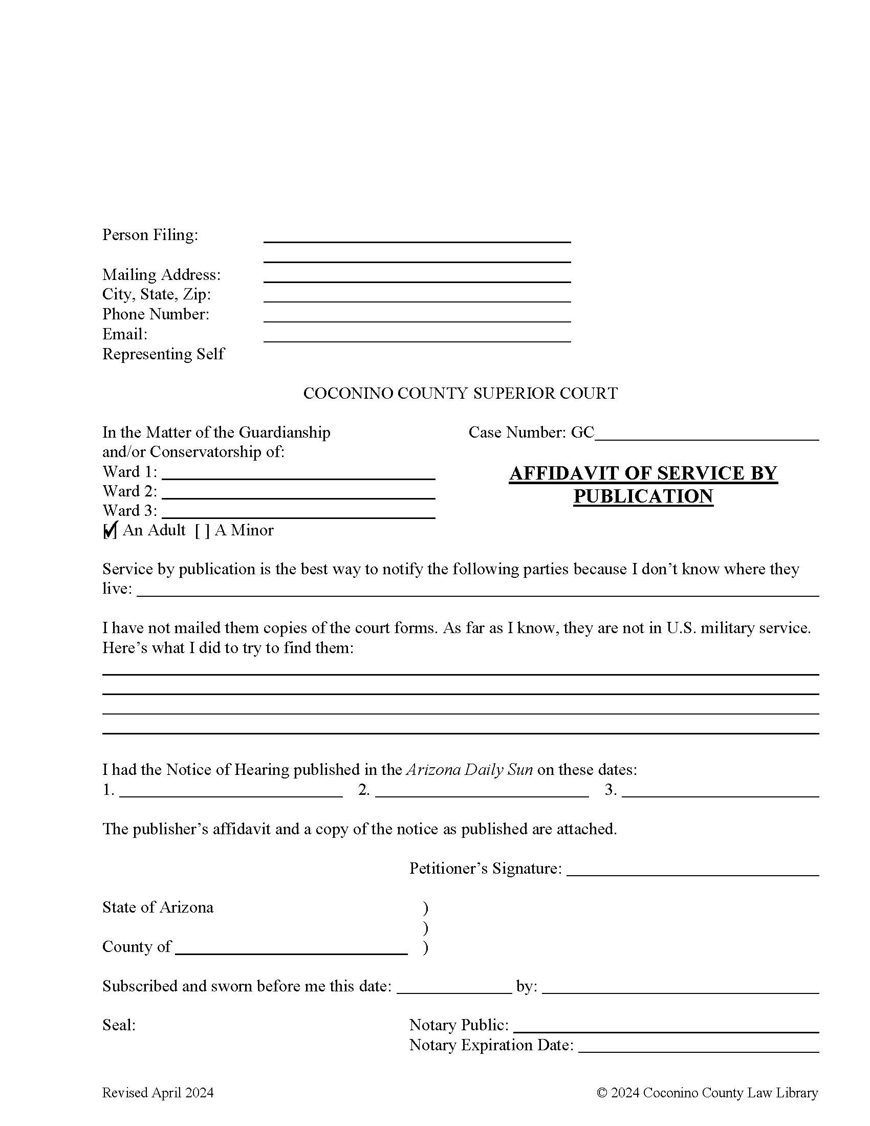 Affidavit Of Service By Publication (Guardianship) (For An Adult) | Pdf Fpdf Doc Docx | Arizona