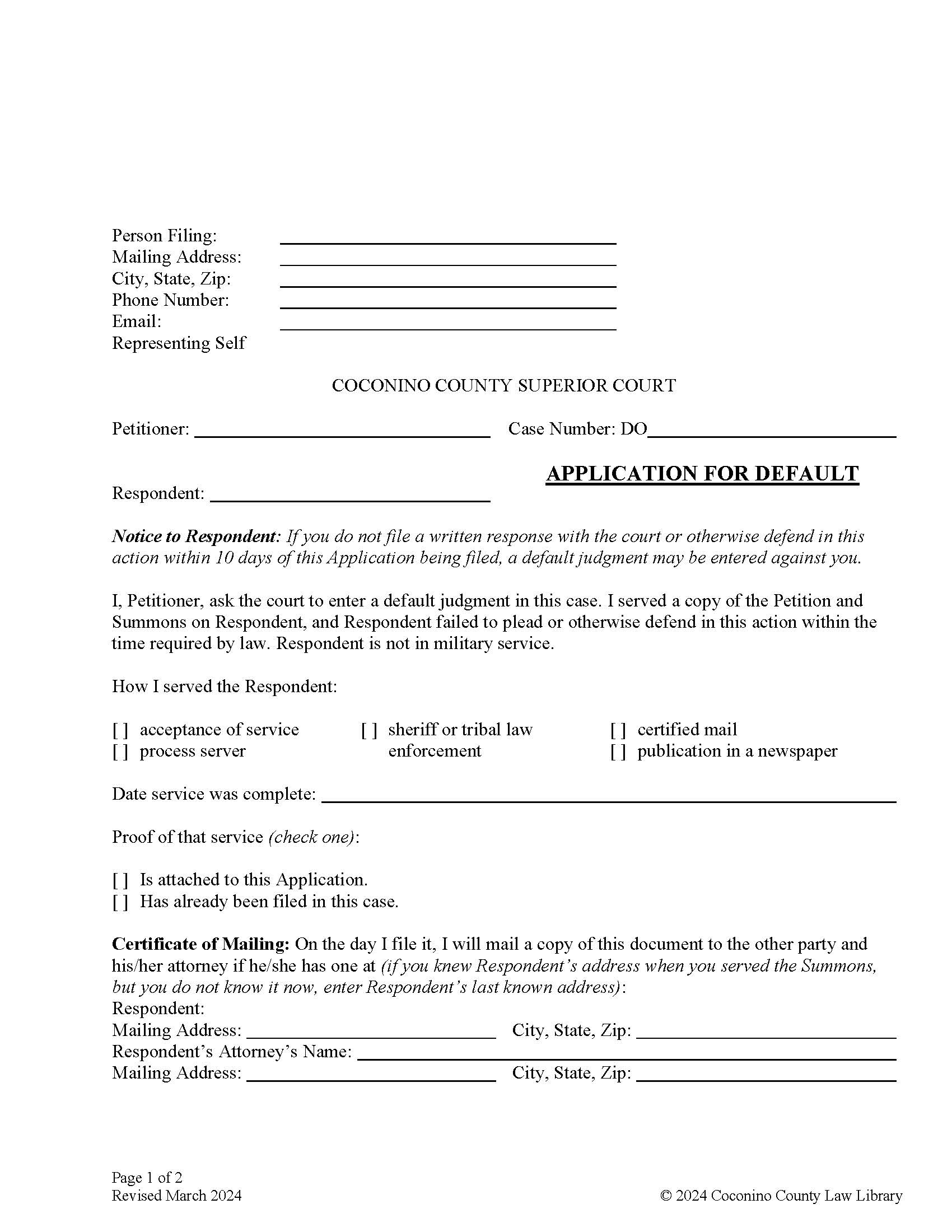 Application For Default | Pdf Fpdf Docx | Arizona