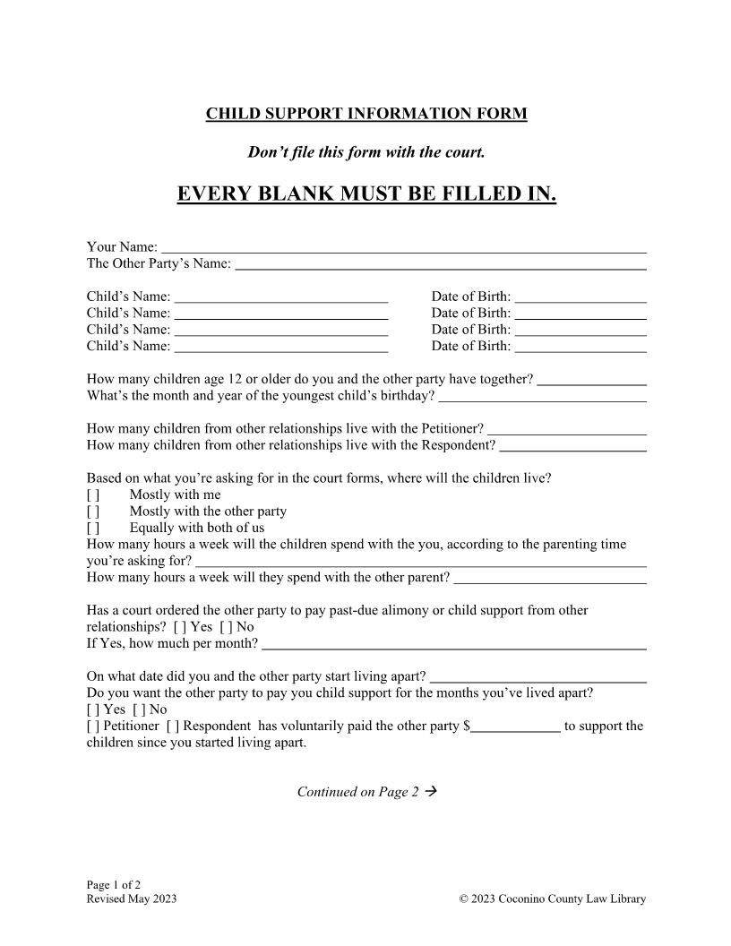 Child Support Information Form | Pdf Fpdf Doc Docx | Arizona