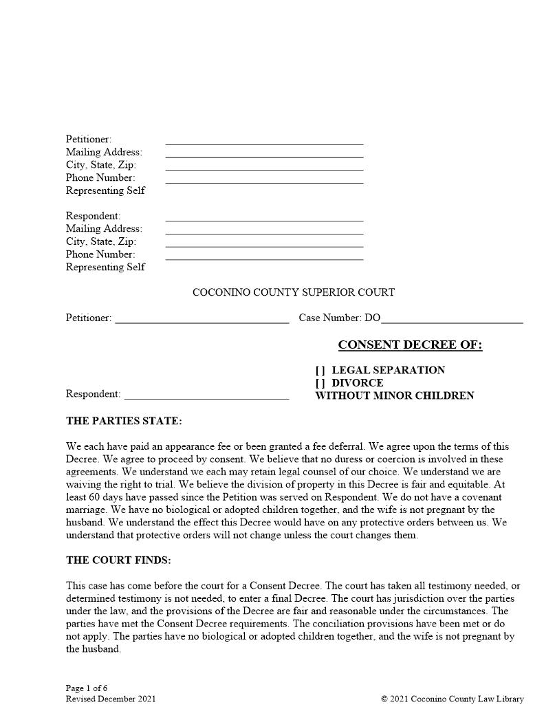 Consent Decree Of Legal Separation Divorce Without Minor Children | Pdf Fpdf Doc Docx | Arizona