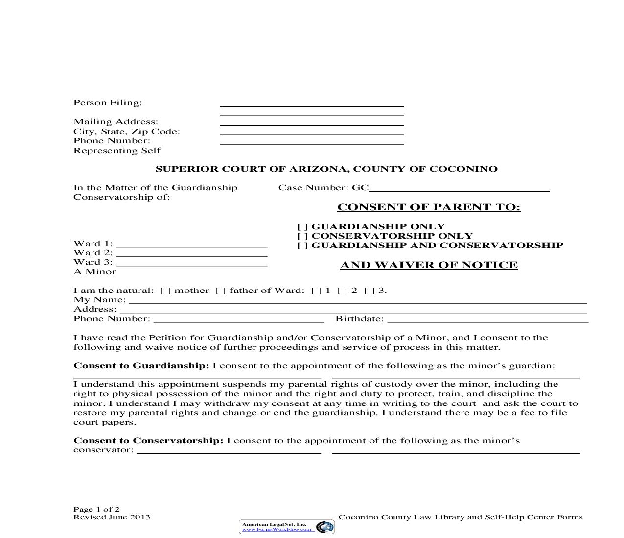 Consent Of Parent To Guardianship Conservatorship Of Minor Child And Waiver Of Notice | Pdf Fpdf Doc Docx | Arizona