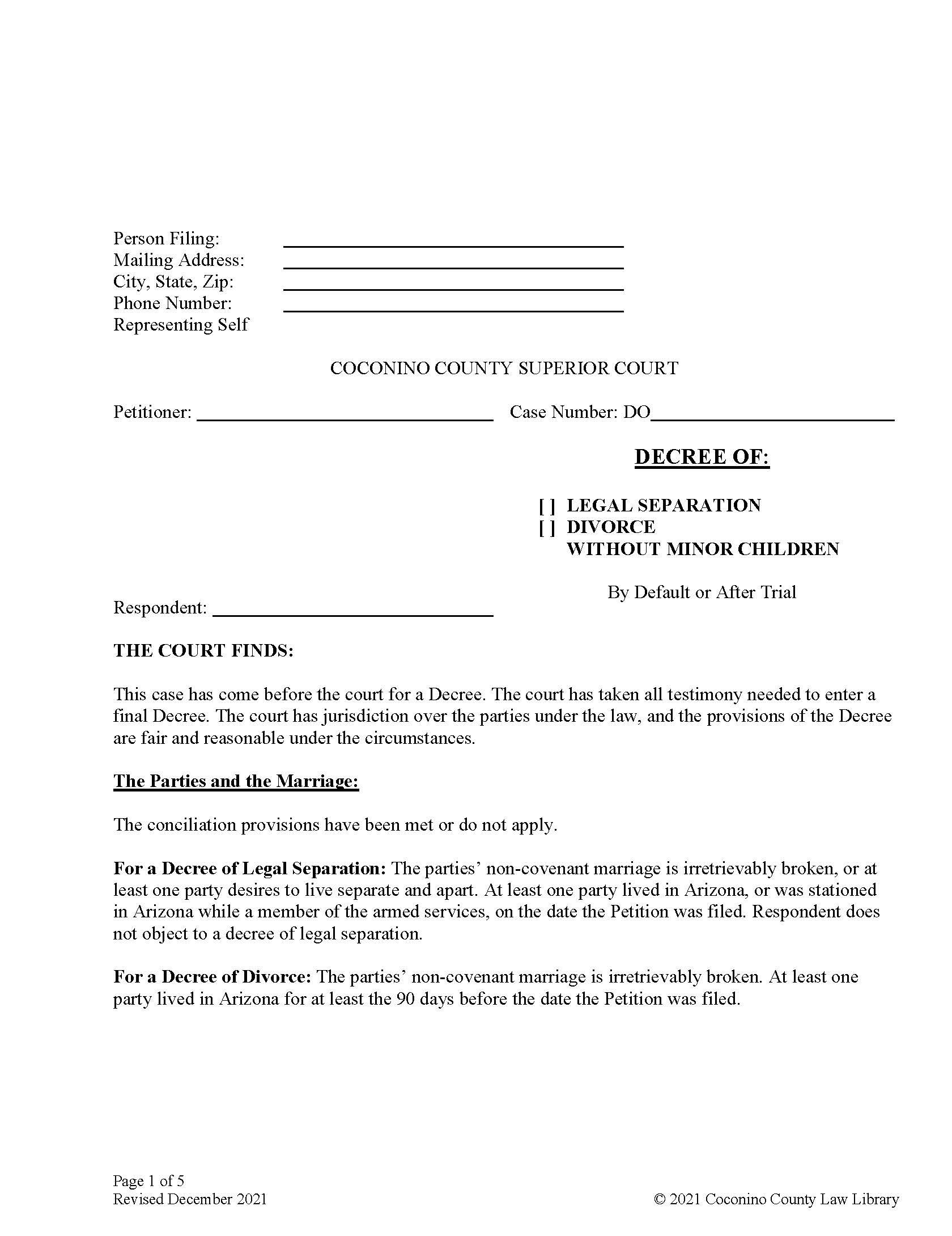 Decree Of Legal Separation Divorce Without Minor Children | Pdf Fpdf Docx | Arizona