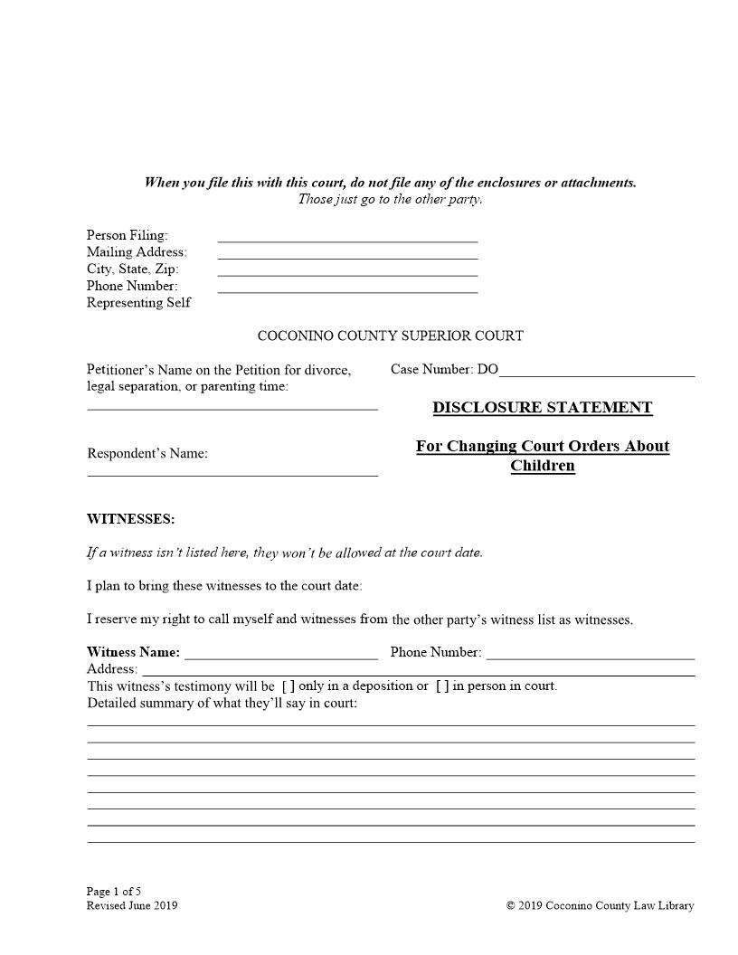 Disclosure Statement For Changing Court Orders About Children | Pdf Fpdf Doc Docx | Arizona