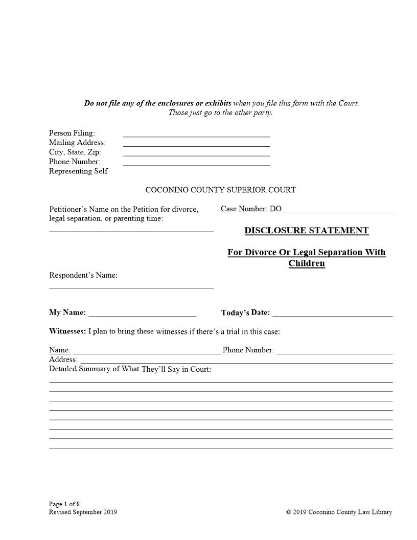Disclosure Statement For Divorce Or Legal Separation With Children | Pdf Fpdf Docx | Arizona