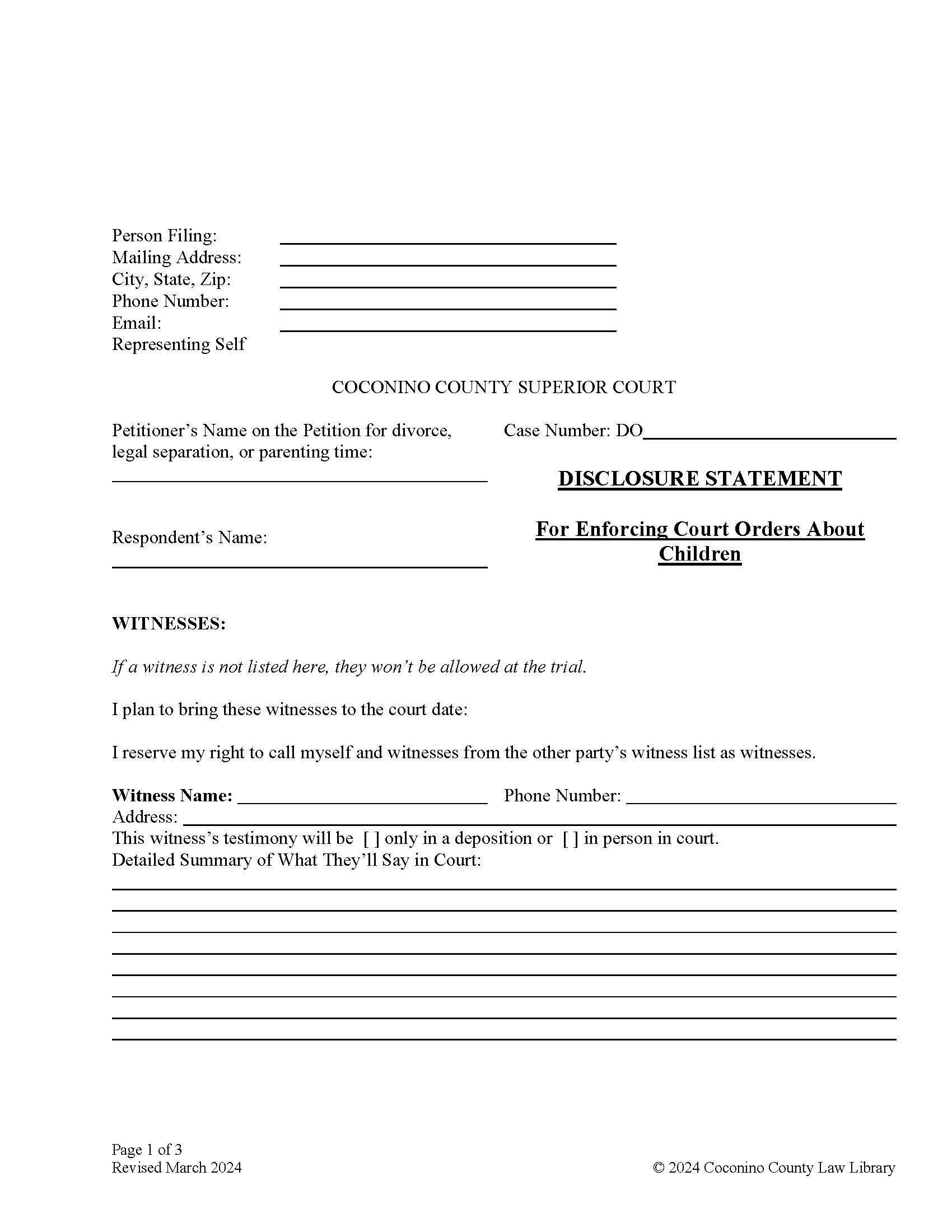 Disclosure Statement For Enforcing Court Orders About Children | Pdf Fpdf Doc Docx | Arizona