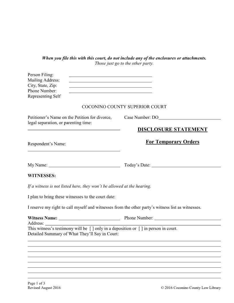 Disclosure Statement For Temporary Orders | Pdf Fpdf Docx | Arizona
