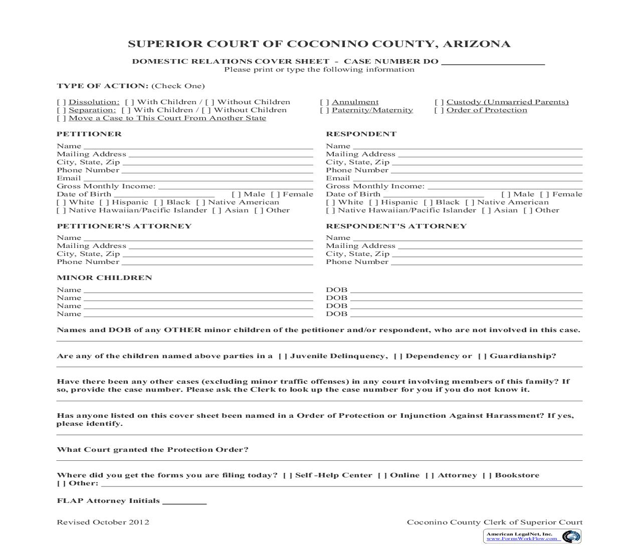 Domestic Relations Cover Sheet | Pdf Fpdf Doc Docx | Arizona