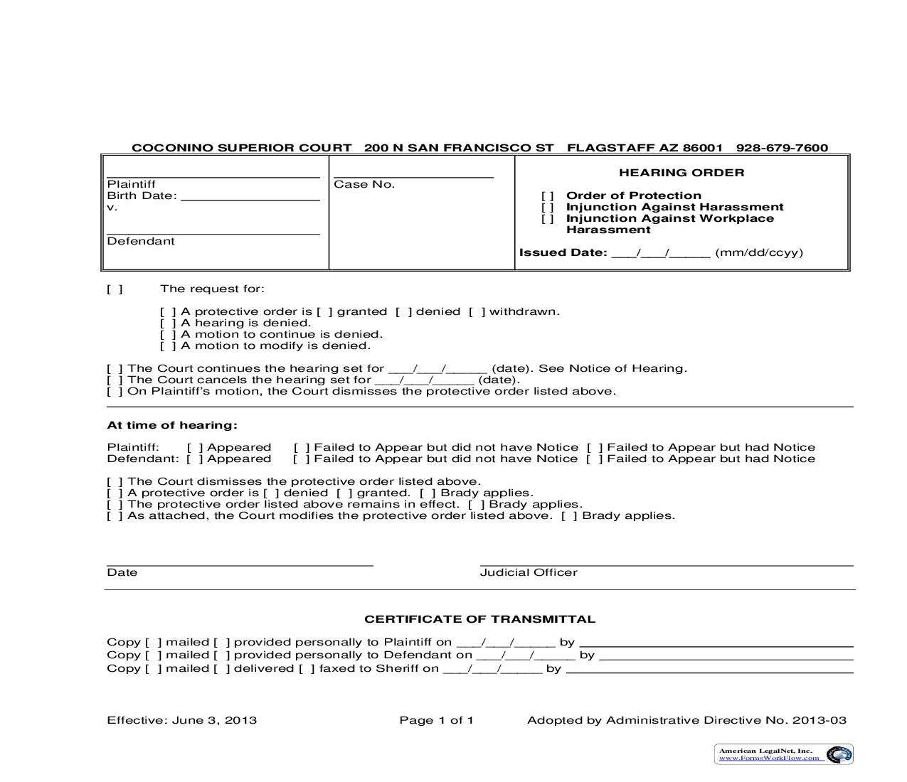 Hearing Order Regarding Order Of Protection Injunction Against Harassment | Pdf Fpdf Doc Docx | Arizona