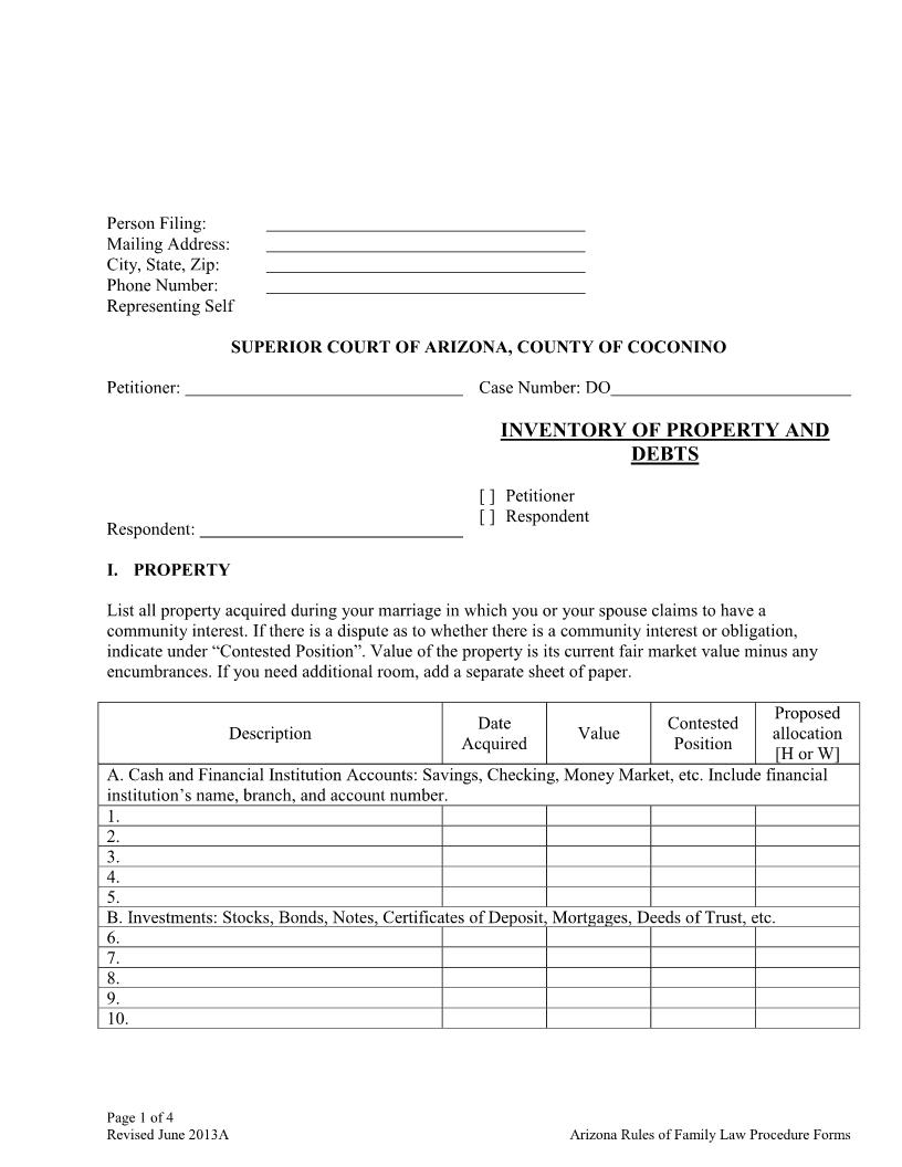 Inventory Of Property And Debt | Pdf Fpdf Docx | Arizona