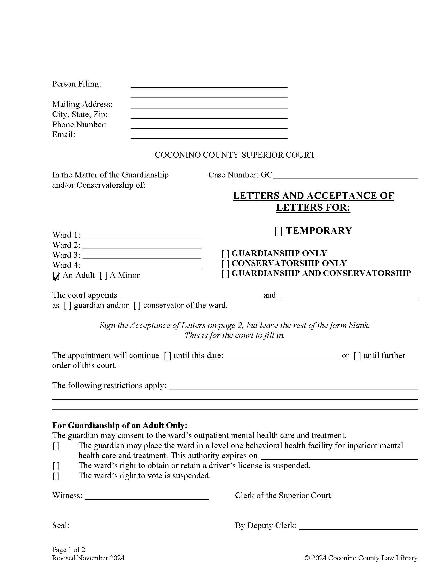 Letters And Their Acceptance For Guardianship For An Adult | Pdf Fpdf Doc Docx | Arizona