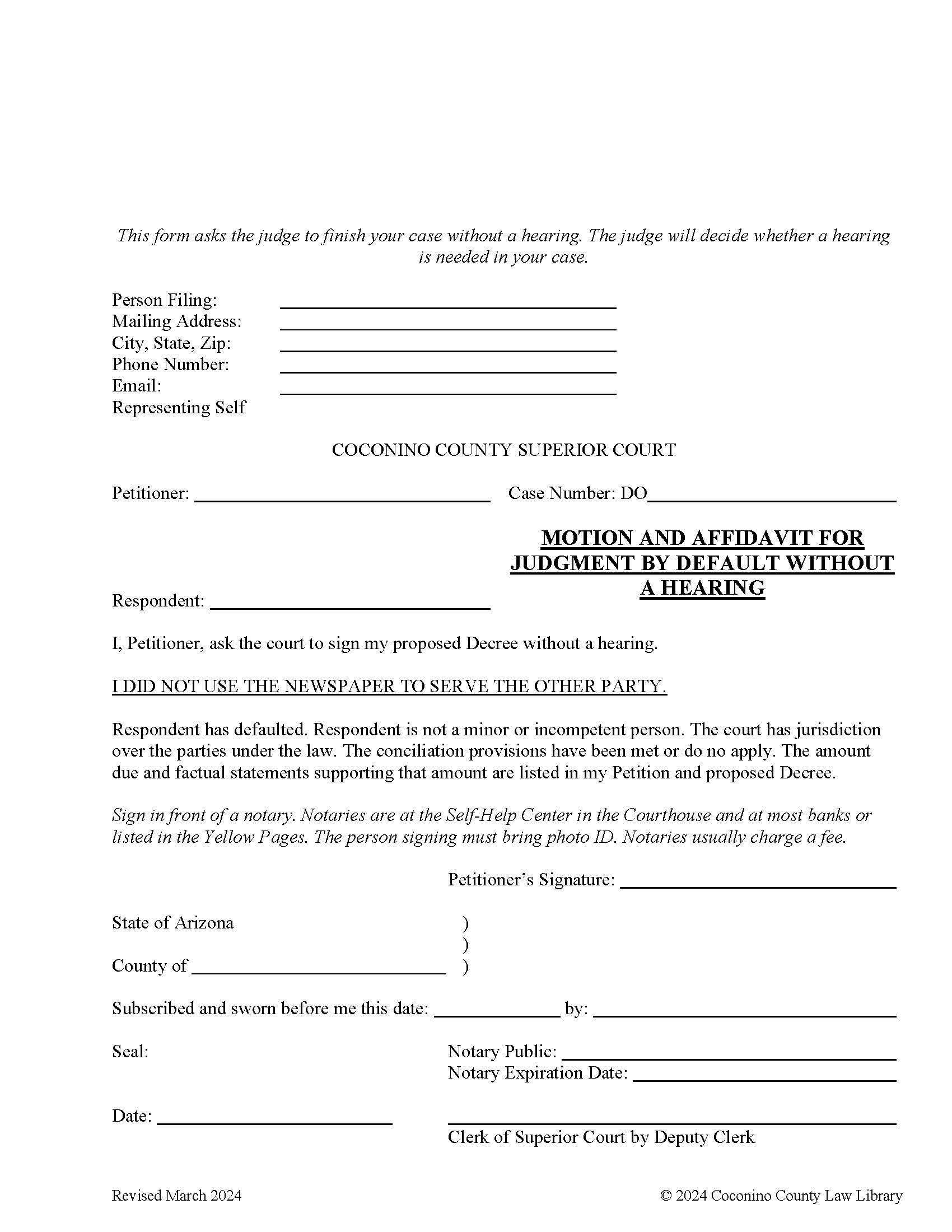 Motion And Affidavit For Judgment By Default Without A Hearing | Pdf Fpdf Docx | Arizona