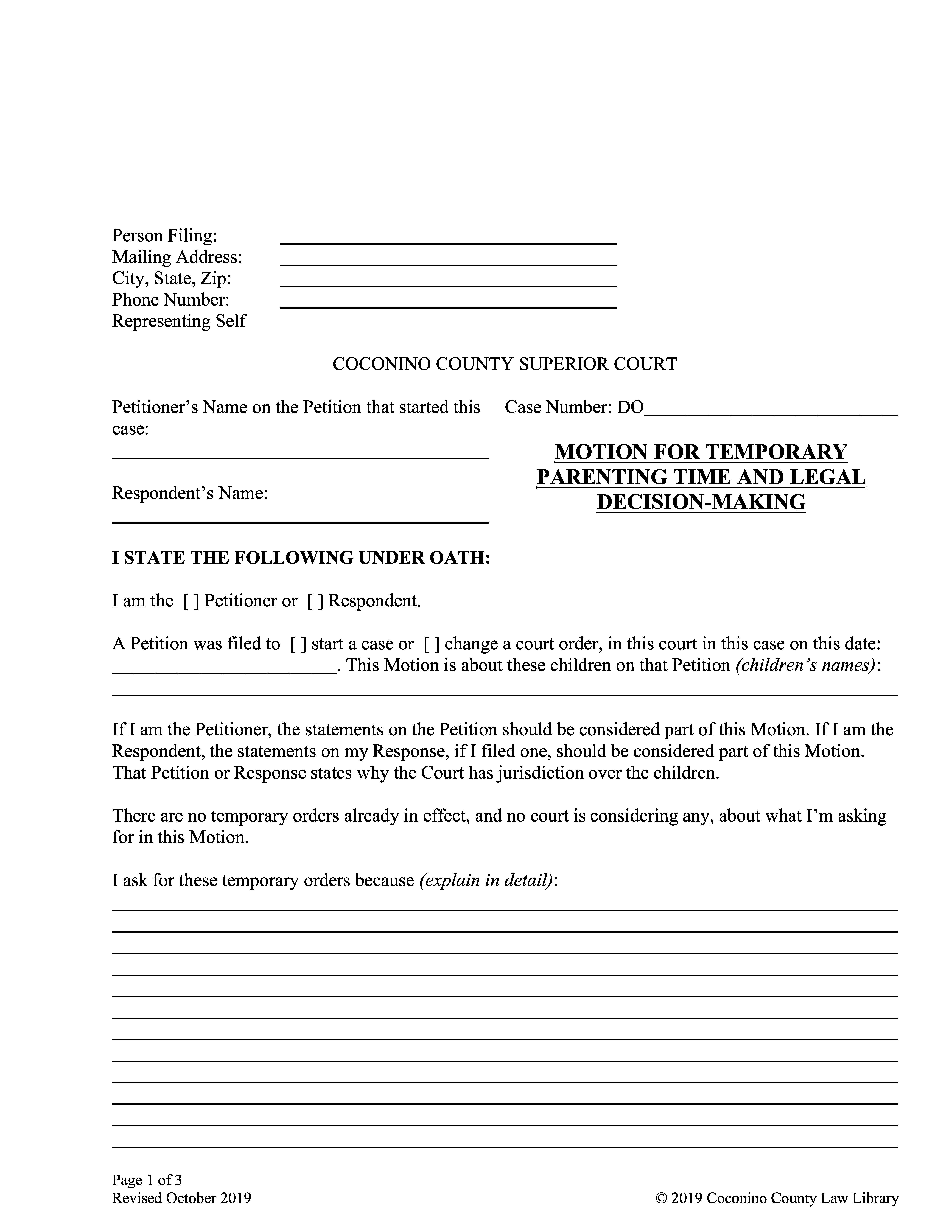 Motion For Temporary Parenting Time Legal Decision Making | Pdf Fpdf Docx | Arizona