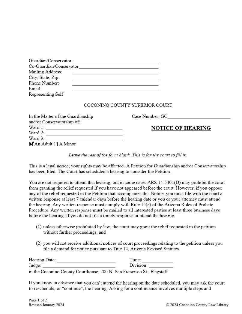 Notice Of Hearing For An Adult | Pdf Fpdf Doc Docx | Arizona