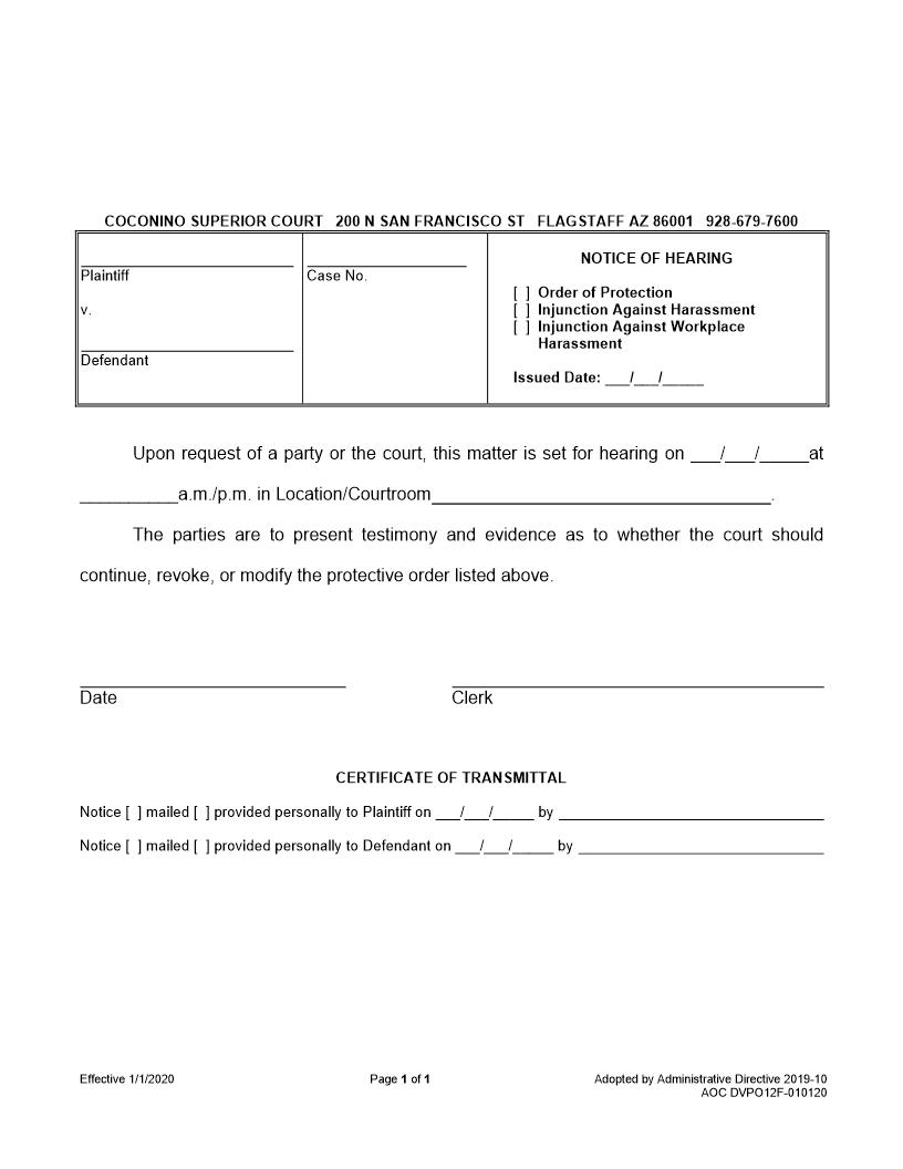 Notice Of Hearing Order Of Protection Injunction Against Harassment | Pdf Fpdf Docx | Arizona