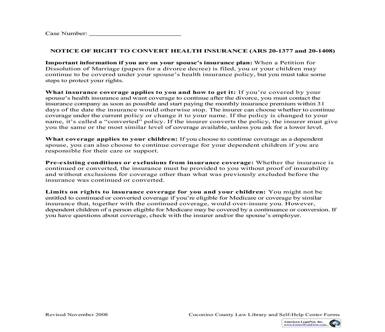 Notice Of Right To Convert Health Insurance | Pdf Fpdf Doc Docx | Arizona